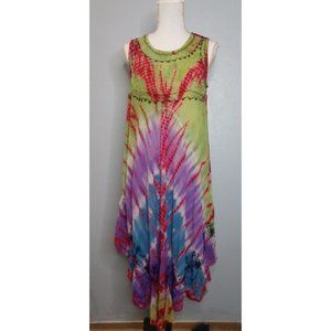 Fashion Force Womens Large Colorful Tie Dye Midi Dress Rayon Boho Gypsy …